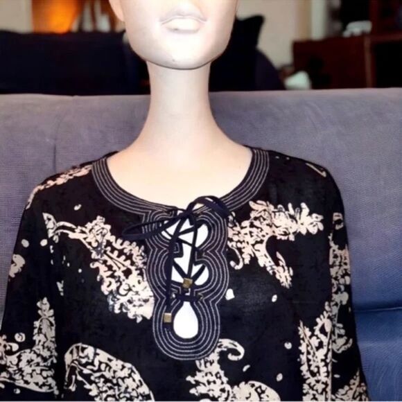 MICHAEL Michael KORS Top Navy Paisley Floral Print Cutout Lace-up Tunic Size M - Picture 3 of 13
